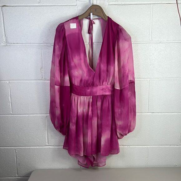 RTR TOCCIN X RTRPink Tie Dye Romper Sz 2 Open Back Satin Long Sleeve Ruffles - Picture 3 of 4